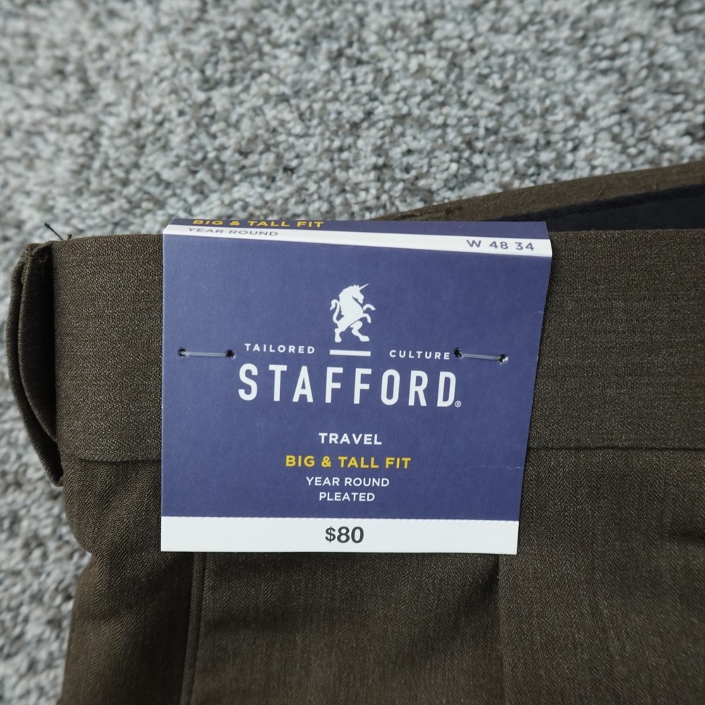NEW Stafford Pants Mens 48X34 Brown Chino Trouser Pleated Cuffed Dress Slacks